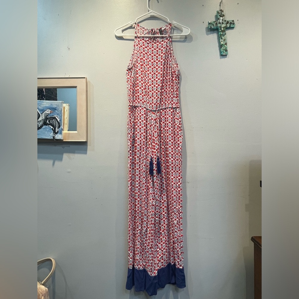 Divided Red and White Halter Jumpsuit with Blue Tassel Trim